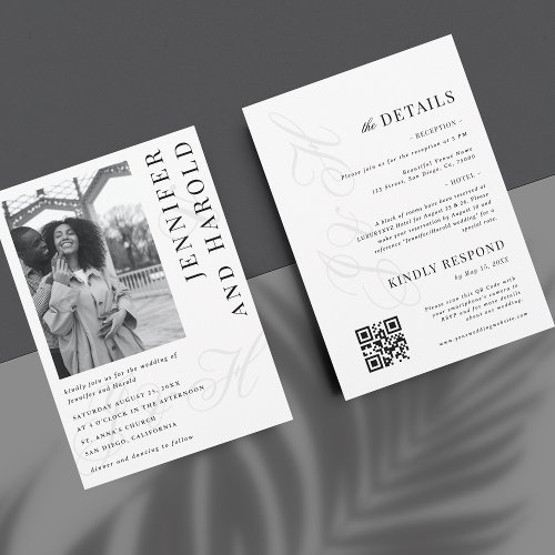 Black White Photo Monogram QR Code Wedding Invitation