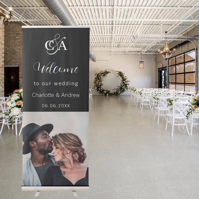 Black white photo monogram welcome wedding retractable banner (Creator Uploaded)