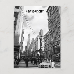 Black white photo New York City buildings cars Postcard