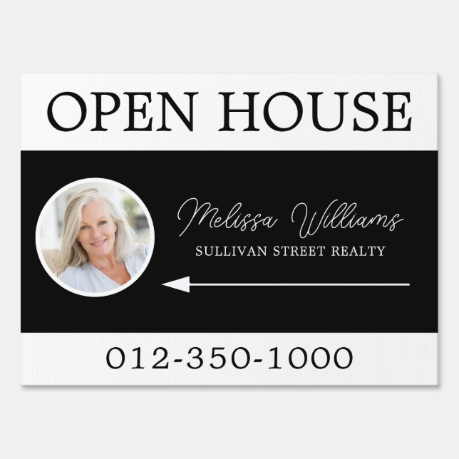 Black White Photo Open House Real Estate  Sign (Front)