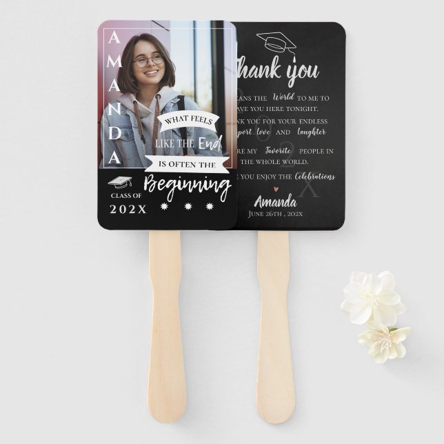 Black White Photo Quote Class Graduation Thank You Hand Fan (Front and Back)
