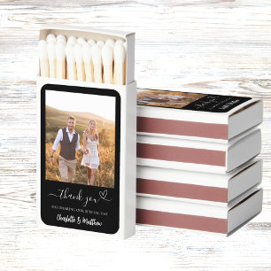 Black white photo thank you wedding favor matchboxes
