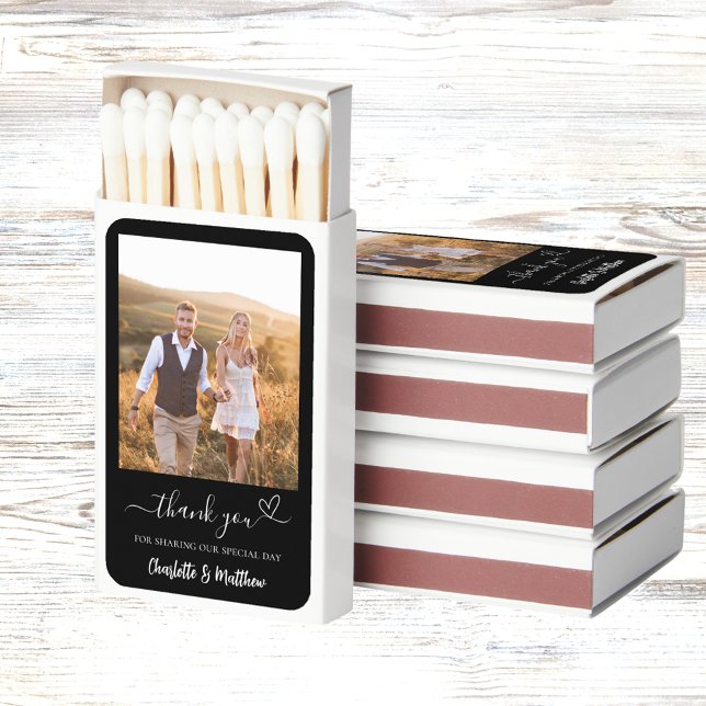 Black white photo thank you wedding favor matchboxes (Creator Uploaded)