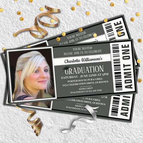 BlackWhite Photo Ticket Graduation Party Invitation