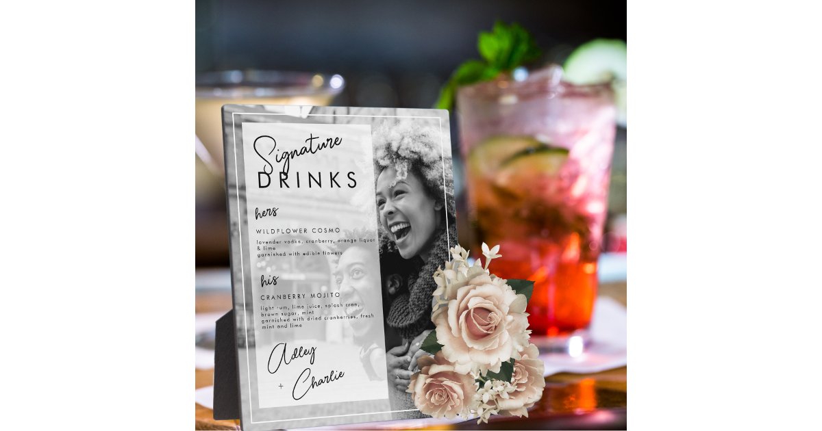 Black White Photo Wedding Couple Signature Drink Plaque | Zazzle