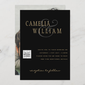 Black White PHOTO Wedding Invite QR CODE Save Date