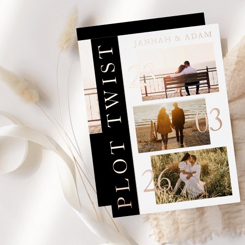 Black White Photo Wedding Plot Twist Rose Foil Invitation