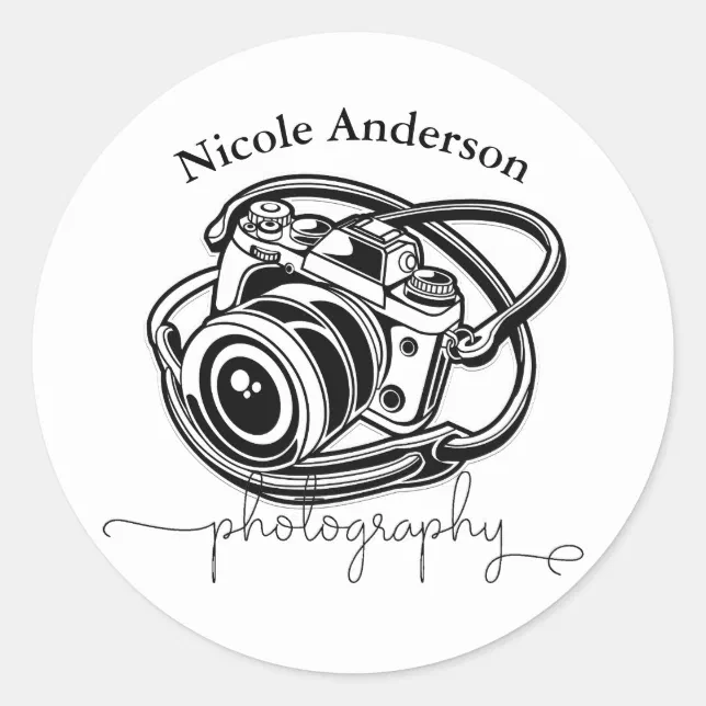 Black White Photography Camera Logo Graphic Classic Round Sticker | Zazzle
