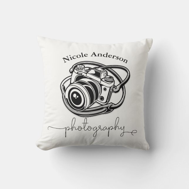 Black White Photography Camera Logo Graphic Throw Pillow (Front)