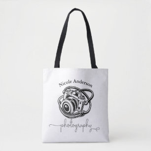 Black White Photography Camera Logo Graphic Tote Bag