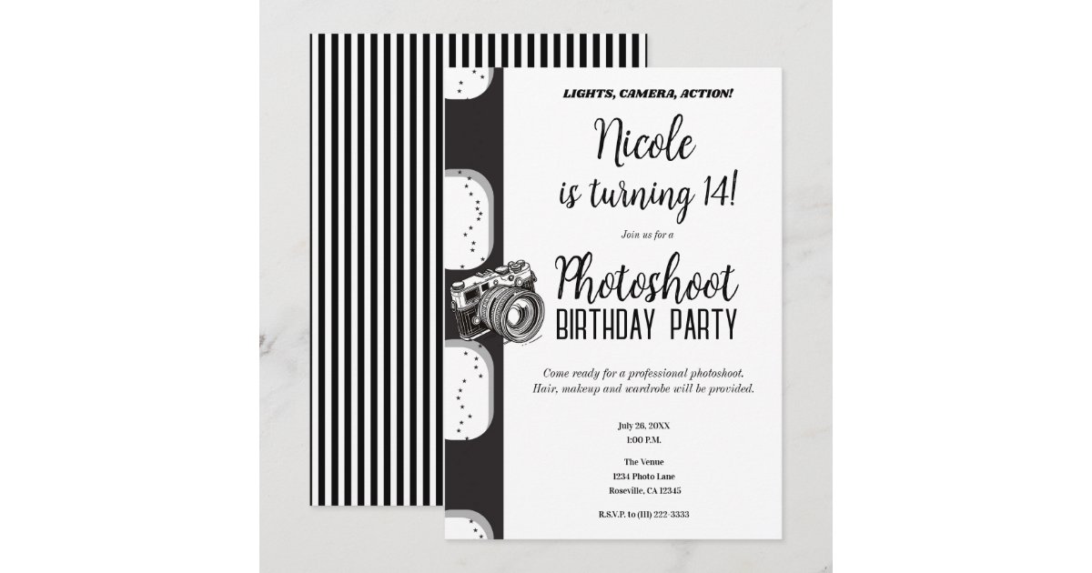 Black White Photoshoot Photography Birthday Party Invitation | Zazzle