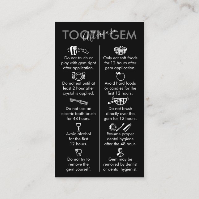 Black White Physical Printed Tooth Gem Aftercare Business Card (Back)