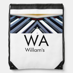 Black white piano keys add name initial letter mon drawstring bag