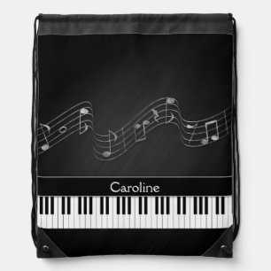 Black White Piano Keys and Musical Notes Drawstring Bag