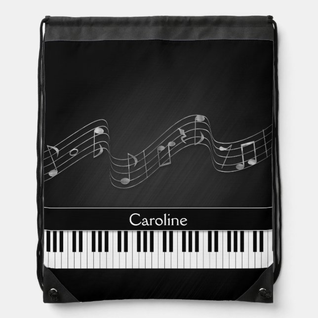 Black White Piano Keys and Musical Notes Drawstring Bag (Front)