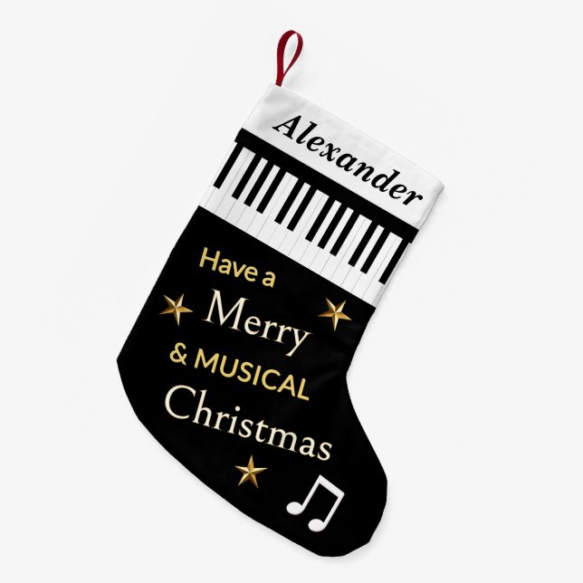 Black & White Piano Keys Music Lover Personalized Small Christmas Stocking (Front (Hanging))