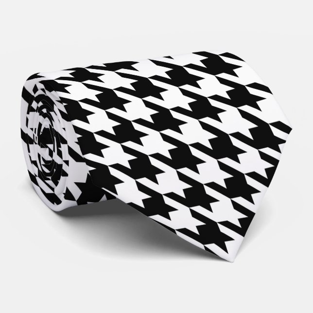 Black White Pied de Poule Large Houndstooth Neck Tie (Rolled)