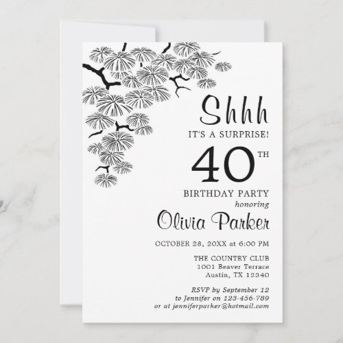 Black White Pine Branch Surprise 40th Birthday Invitation
