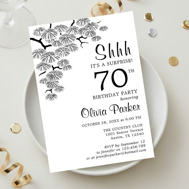 Black White Pine Branch Surprise 70th Birthday Invitation (Creator Uploaded)