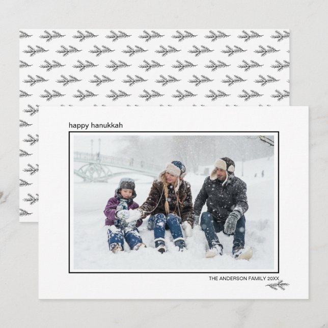Black & White Pine Needles Happy Hanukkah Family Holiday Card (Front/Back)