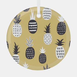 Black, white pineapples, yellow background glass ornament