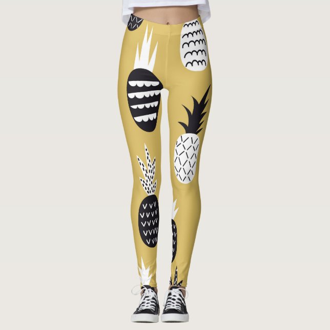 Black, white pineapples, yellow background leggings (Front)