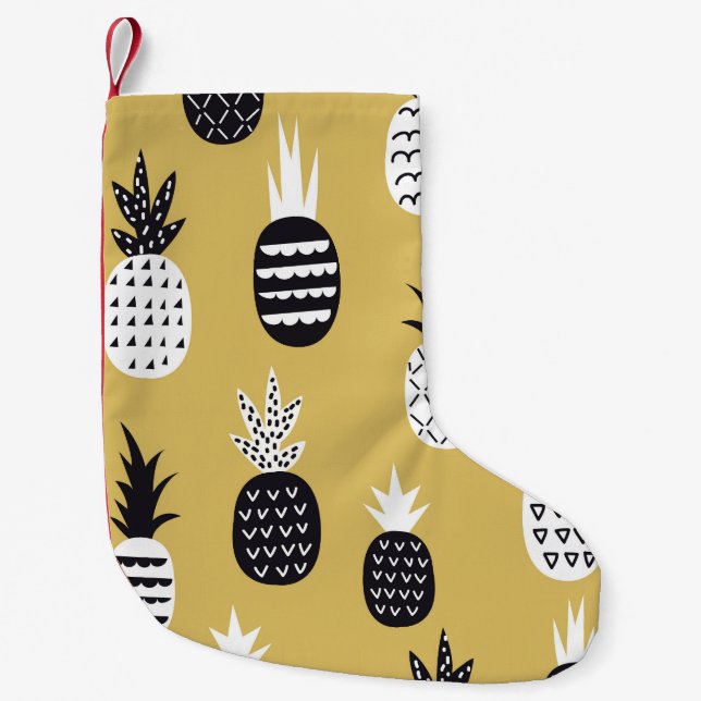 Black, white pineapples, yellow background small christmas stocking (Front)
