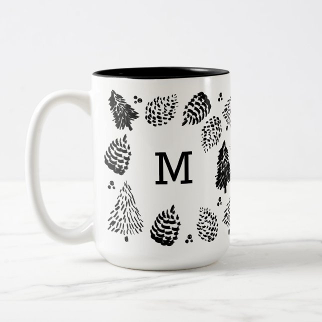 Black & White Pinecones & Pine Tree Monogram Two-Tone Coffee Mug (Left)