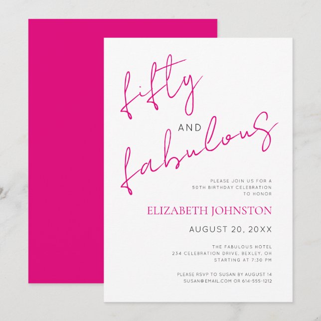 Black White Pink 50 and Fabulous Birthday Minimal Invitation (Front/Back)