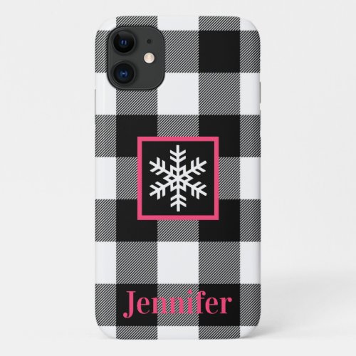 Black White Pink Buffalo Plaid Snowflake iPhone 11 Case