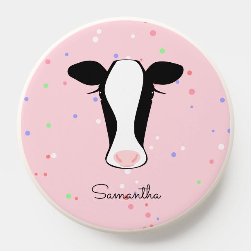 Black White Pink Cow Custom Name PopSocket