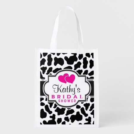 Black, White, & Pink Cowhide Bridal Shower Reusable Grocery Bag