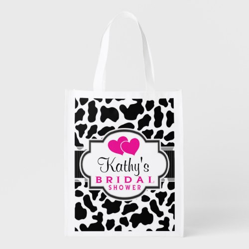 Black White  Pink Cowhide Bridal Shower Reusable Grocery Bag