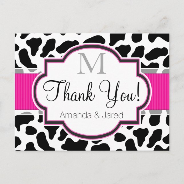 Black, White, & Pink Cowhide Wedding Postcard (Front)