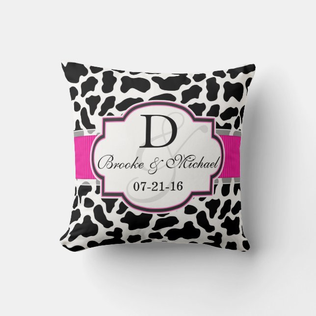 Black, White, & Pink Cowhide Wedding Throw Pillow (Front)