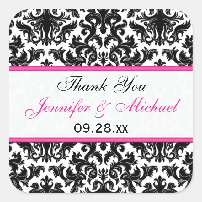 Black White Pink Damask 1.5" Wedding Favor Sticker (Front)