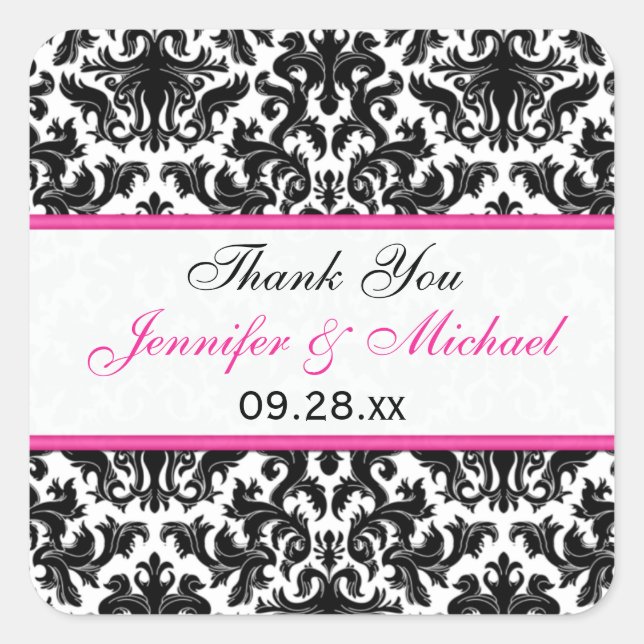 Black White Pink Damask 1.5" Wedding Favor Sticker (Front)
