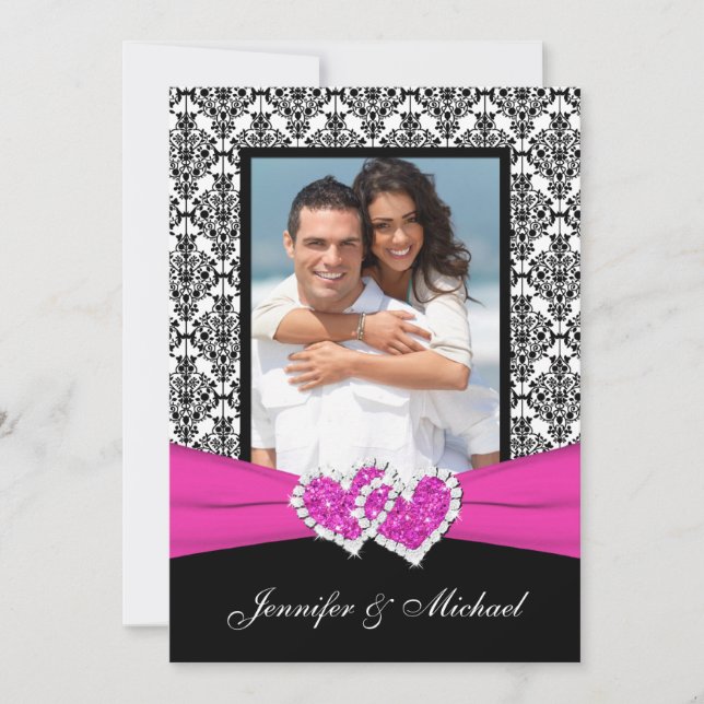 Black White Pink Damask & Hearts Photo Invitation (Front)