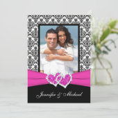 Black White Pink Damask & Hearts Photo Invitation (Standing Front)