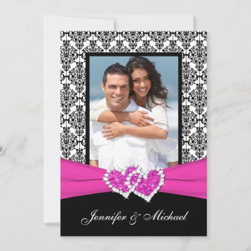 Black White Pink Damask &amp; Hearts Photo Invitation