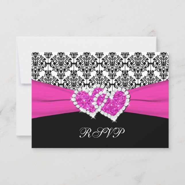 Black, White, Pink Damask & Hearts Reply Card (Front)