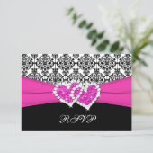 Black, White, Pink Damask & Hearts Reply Card (Standing Front)