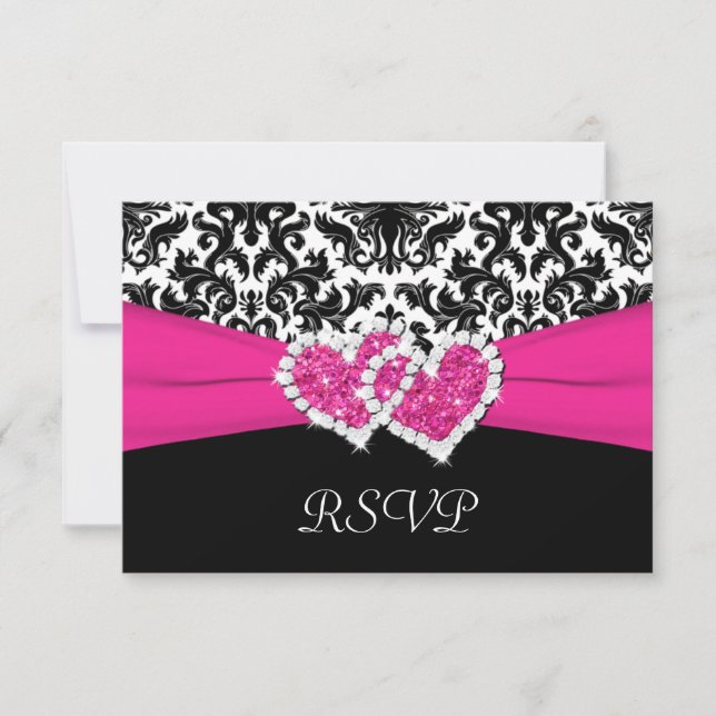 Black, White, Pink Damask & Hearts Reply Card (Front)