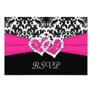 Black, White, Pink Damask & Hearts Reply Card