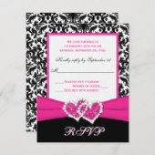 Black, White, Pink Damask & Hearts Reply Card (Front/Back)