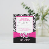 Black, White, Pink Damask & Hearts Reply Card (Standing Front)