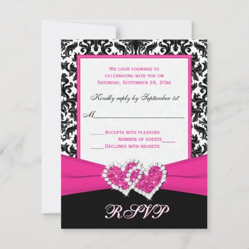 Black White Pink Damask  Hearts Reply Card
