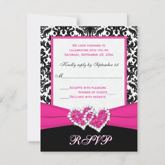 Black, White, Pink Damask & Hearts Reply Card (Front)