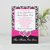 Black White Pink Damask Hearts Wedding Invitation (Standing Front)