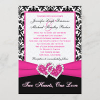 Black White Pink Damask Hearts Wedding Invitation